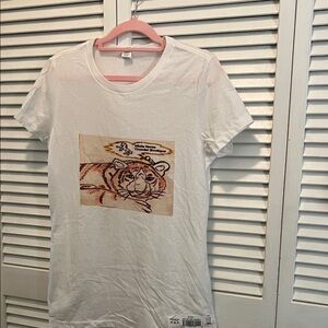 White T-Shirt with Thee Golden Tiger Art  Graphic by Julie Lee